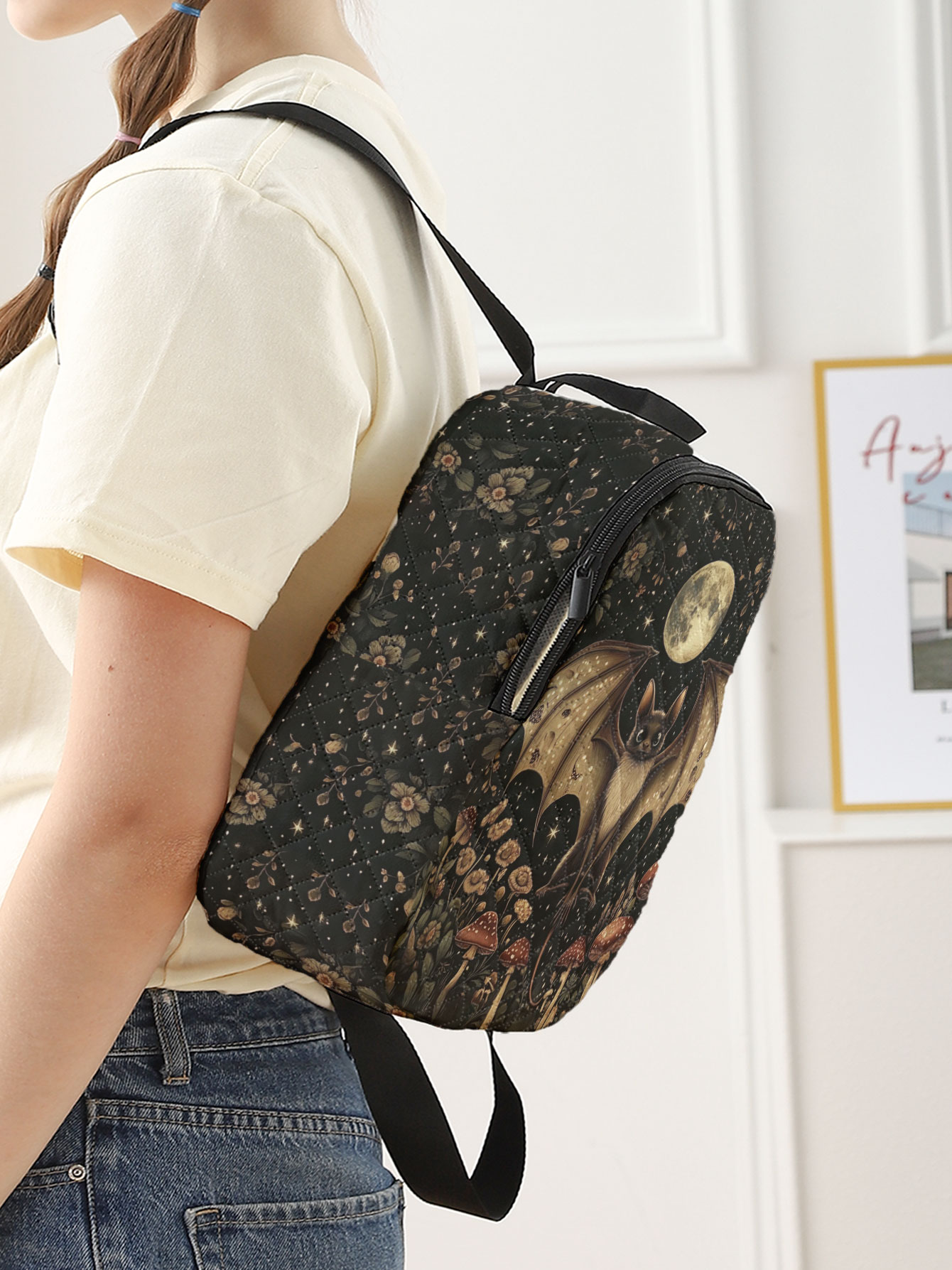 Bat Moon Mushroom Floral Print - Mini Backpack Women 评论和价格